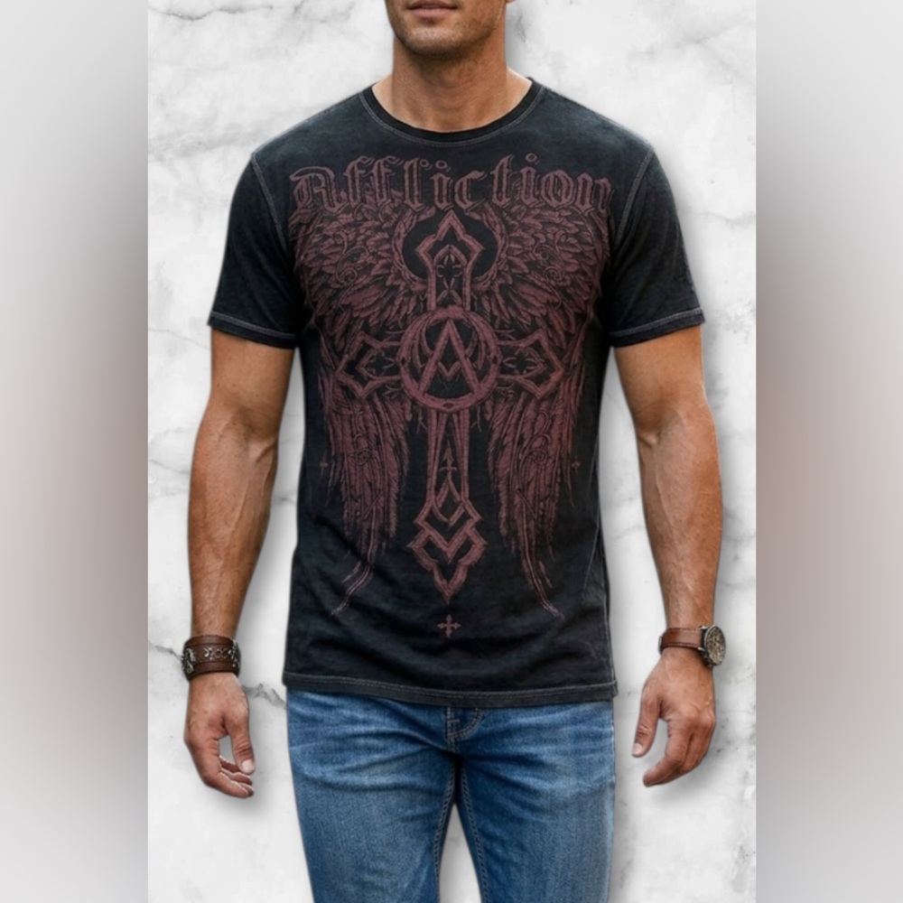 Affliction Seek and Destroy Reversible Graphic Print Burgundy Black Shirt Sz XL - Picture 5 of 11